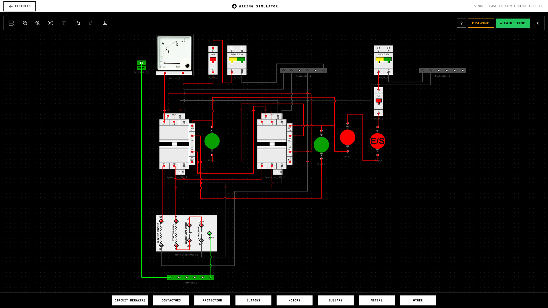 Electrical Trade Test Simulator — showing a circuit being wired on the interactive workspace